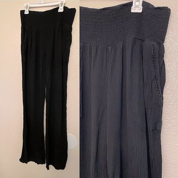 Three dots black rayon pull on gauze hi rise wide leg lounge pants size S - Picture 1 of 13